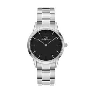 Daniel Wellington Iconic Link Black Dial Silver Steel Strap Watch For Women - DW00100342