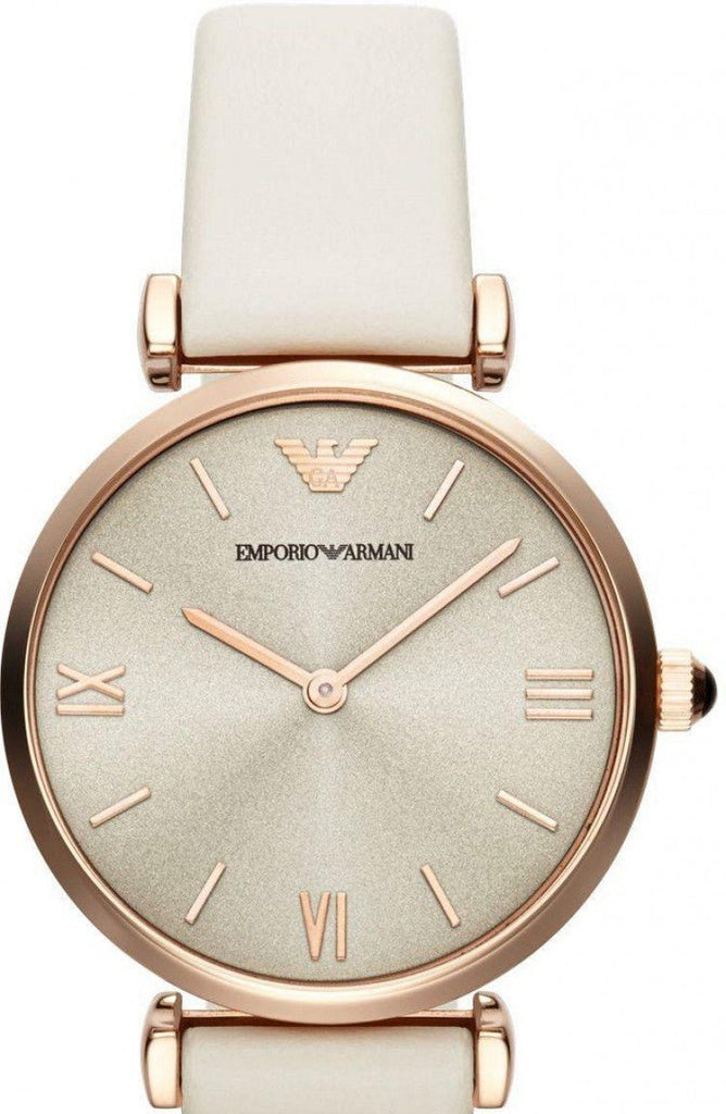 Emporio Armani Gianni T Bar Light Brown Dial White Leather Strap Watch For Women - AR1769