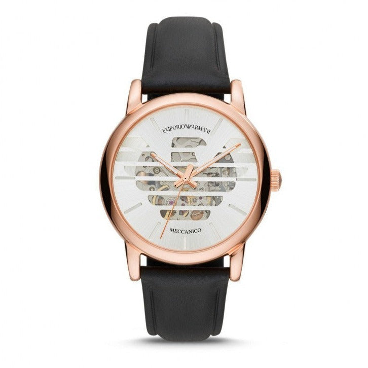Emporio Armani Meccanico Skeleton Silver Dial Black Leather Strap Watch For Men - AR60031