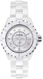 Chanel J12 H2422 Women's Quartz Ceramic Watch – White Dial with Diamond Accents & Steel Bracelet