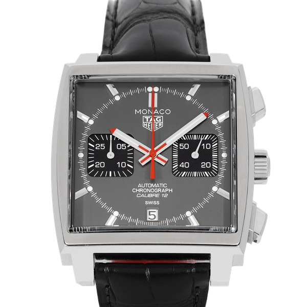 Tag Heuer Monaco Calibre 12 Final Edition Chronograph Grey Dial Black Leather Strap Watch for Men - CAW211J.FC6476