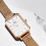 Daniel Wellington Quadro Melrose DW00100431 Women's Watch – White Dial with Gold Mesh Strap