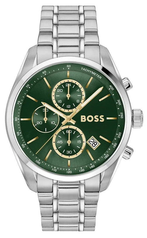 Hugo Boss Grand Prix Chronograph Green Dial Silver Steel Strap Watch for Men - 1514266
