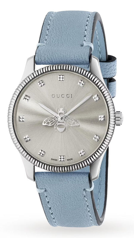 Gucci G Timeless Silver Dial Blue Leather Strap Watch for Women - YA1265039