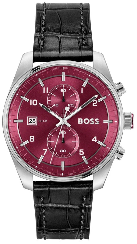 Hugo Boss Skytraveller Chronograph Burgundy Red Dial Black Leather Strap Watch for Men - 1514193