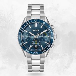 Hugo Boss Runner Chronograph Blue Dial Silver Steel Strap Watch for Men - 1514143