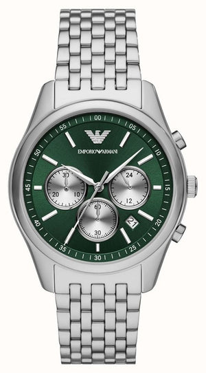 Emporio Armani Antonio Chronograph Green Dial Silver Steel Strap Watch for Men - AR11581