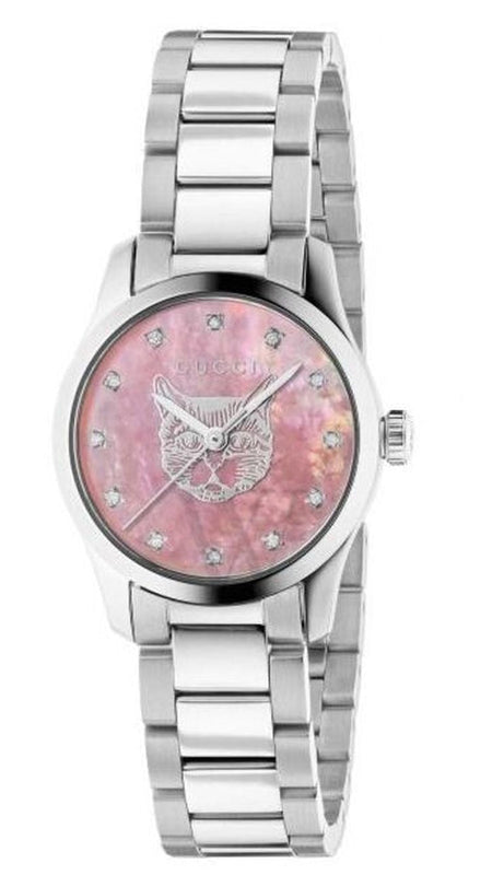 Gucci G Timeless Diamonds Pink Mother of Pearl Dial Silver Steel Strap Watch for Women - YA1265025