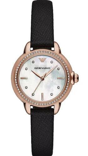 Emporio Armani Mia Mother of Pearl Dial Black Leather Strap Watch for Women - AR11598