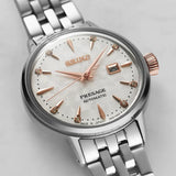 Seiko Presage Cocktail Time Skydiving Automatic Diamonds Mother of Pearl Dial Silver Steel Strap Watch for Women - SRE009J1