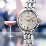 Seiko Presage Cocktail Time Skydiving Automatic Diamonds Mother of Pearl Dial Silver Steel Strap Watch for Women - SRE009J1