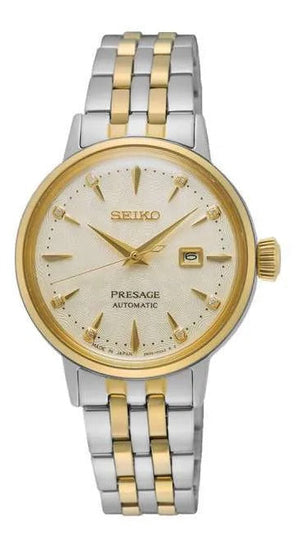 Seiko Presage Cocktail Time Automatic Diamonds White Dial Two Tone Steel Strap Watch for Women - SRE010J1