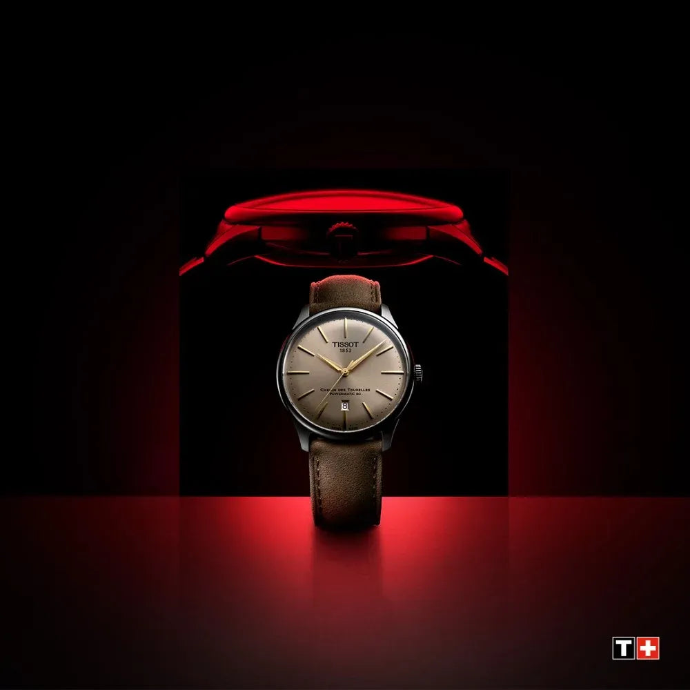 Tissot Chemin des Tourelles Automatic Powermatic 80 Ivory Dial Green Leather Strap Watch for Men - T139.407.16.261.00