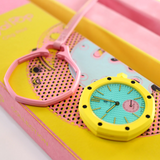Swatch Royal Pop Blue Dial Pink Leather Strap Watch for Women - Otg Roz