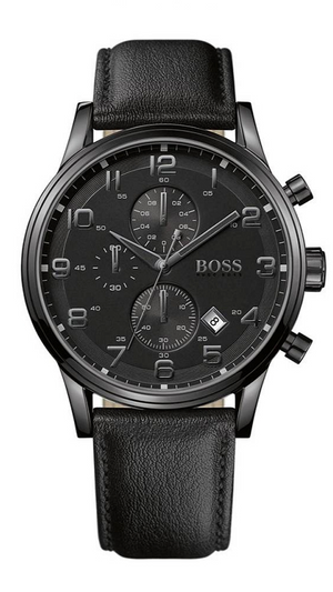Hugo Boss Aeroliner Chronograph Black Dial Black Leather Strap Watch for Men - 1512567
