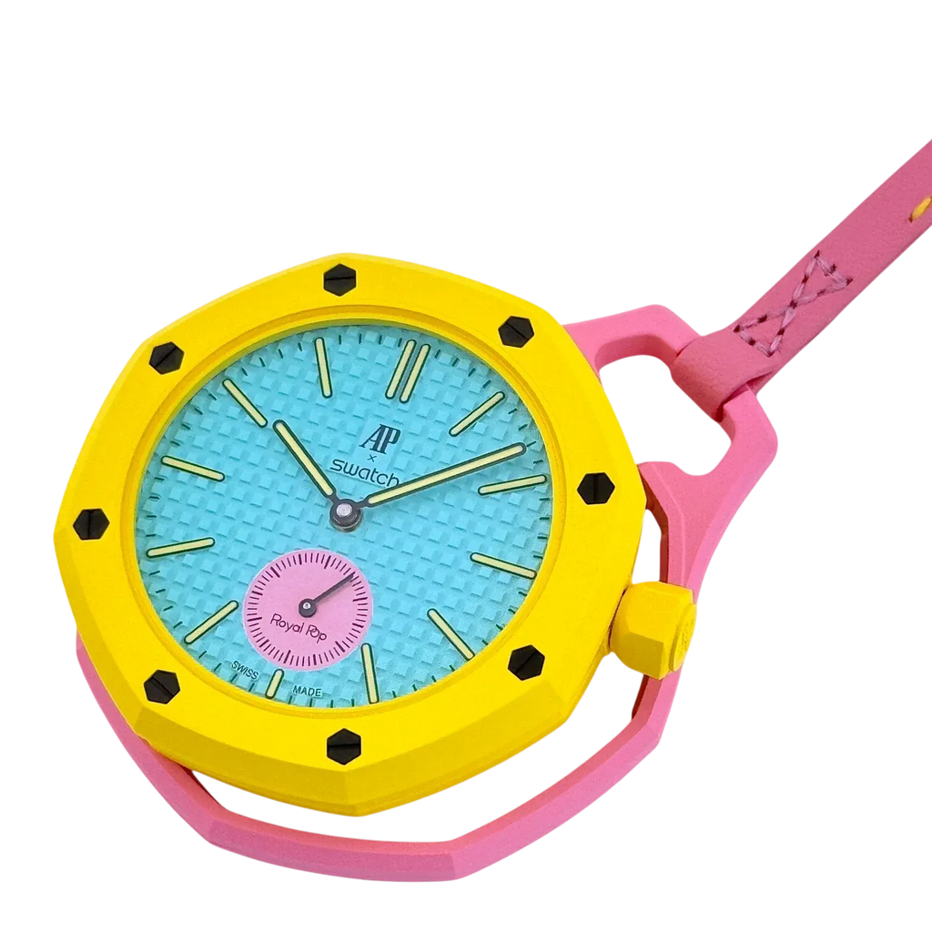 Swatch Royal Pop Blue Dial Pink Leather Strap Watch for Women - Otg Roz