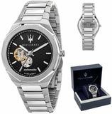 Maserati Stile Skeleton Automatic Black Dial Silver Steel Strap Watch For Men - R8823142002