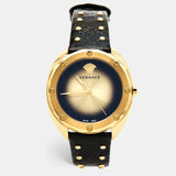 Versace Shadov Quartz Gold Dial Black Leather Strap Watch for Women - VEBM00318