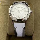 Burberry The City Silver Dial White Leather Strap Watch for Women - BU9019