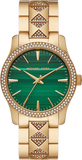 Michael Kors MK7390 Runway Three-Hand Quartz Women's Watch – Green Dial & Gold Steel Strap