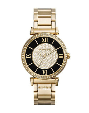 Michael Kors Catlin Black Dial Gold Steel Strap Watch for Women - MK3338
