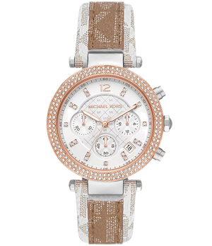 Michael Kors Parker Chronograph White Dial Two Tone Leather Strap Watch For Women - MK6950