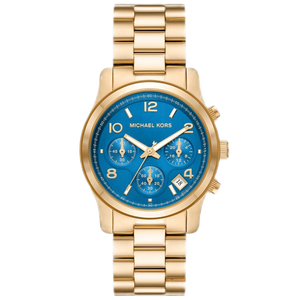 Michael Kors Runway Chronograph Blue Dial Gold Steel Strap Watch For Women - MK7353