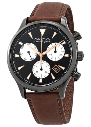 Movado Heritage Calendoplan Chronograph Black Dial Brown Leather Strap Watch for Men - 3650022