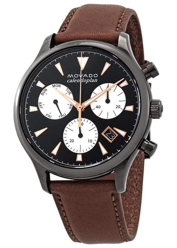 Movado Heritage Calendoplan Chronograph Black Dial Brown Leather Strap Watch for Men - 3650022