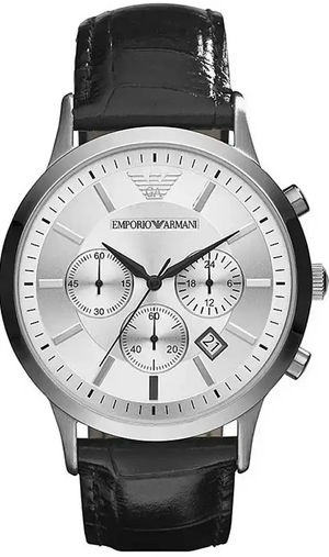 Emporio Armani Renato Chronograph Silver Dial Black Leather Strap Watch for Men - AR2436