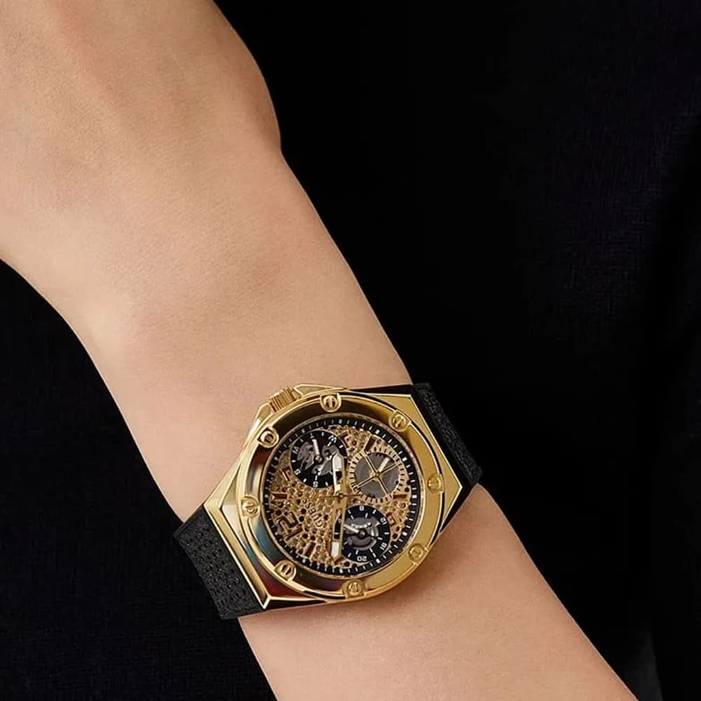 Guess GW0620L2 Asteria Multifunction Women’s Watch – Gold Dial & Black Rubber Strap