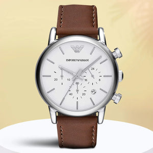 Emporio Armani Luigi Chronograph Silver Dial Brown Leather Strap Watch for Men - AR1846