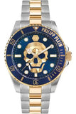 Philipp Plein The $kull Diver Blue Dial Silver With Gold Stainless Steel Strap Watch For Men- PWOAA0722