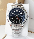 Versace Hellenyium GMT Black Dial Silver Steel Strap Watch for Men - V11020015