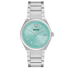 Versace V-Auria Quartz Turquoise Dial Silver Steel Strap Watch for Women - VE0F00225