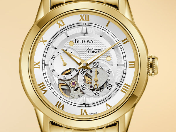 Bulova BVA Skeleton Silver Dial Gold Steel Strap Watch for Men - 97A108