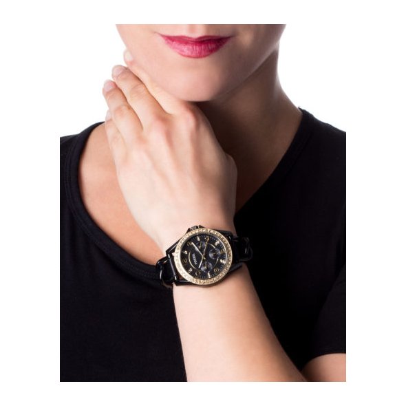 Fossil Riley Black Dial Black Leather Strap Watch for Women - ES3696