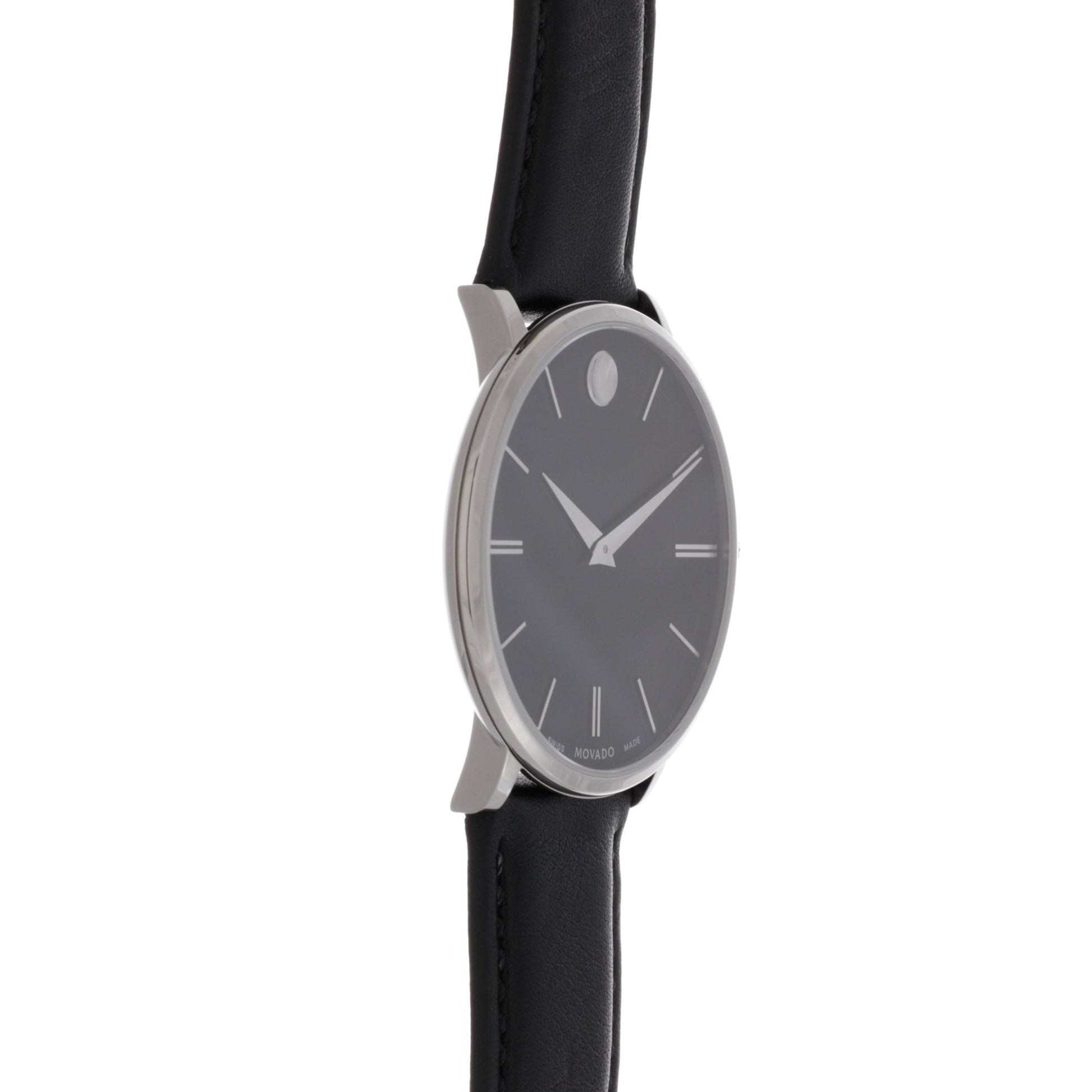 Movado Ultra Slim Black Dial Black Leather Strap Watch For Women - 0607094