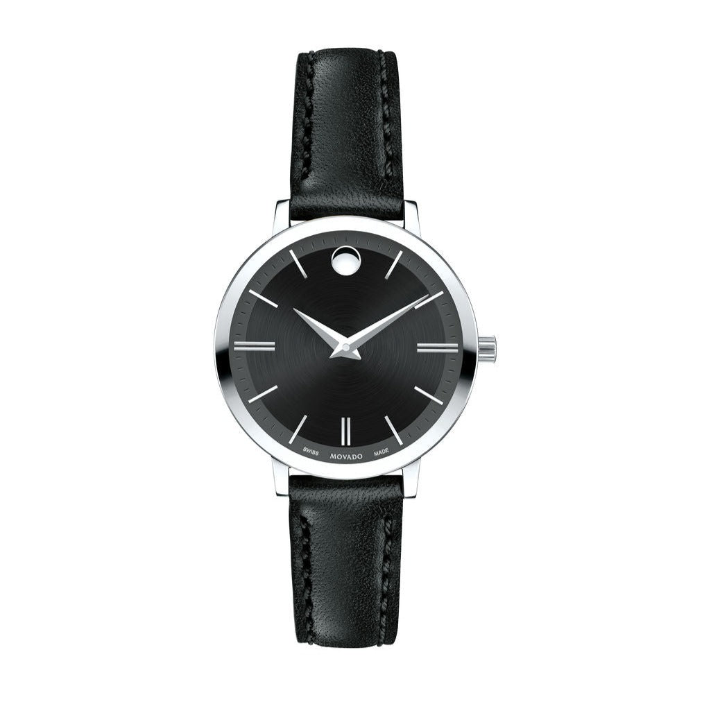 Movado Ultra Slim Black Dial Black Leather Strap Watch For Women - 0607094
