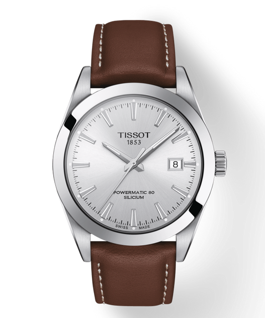 Tissot Gentleman Powermatic 80 Silicium Silver Dial Brown Leather Strap Watch For Men - T127.407.16.031.00
