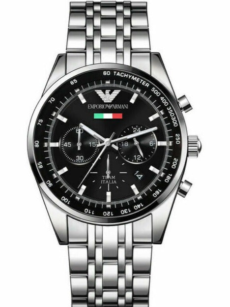 Emporio Armani Team Italia Chronograph Black Dial Silver Steel Strap Watch For Men - AR5983