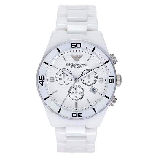 Emporio Armani Ceramic Chronograph White Dial White Steel Strap Watch For Men - AR1424