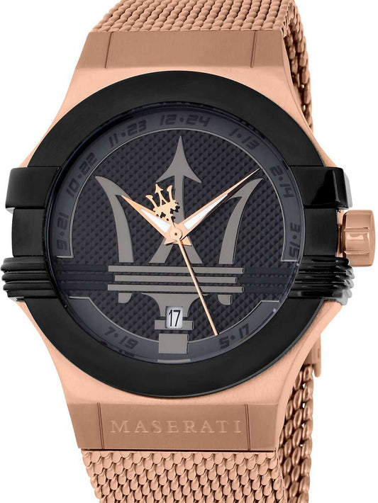 Maserati Potenza Classic Black Dial Rose Gold Mesh Bracelet Watch For Men - R8853108009