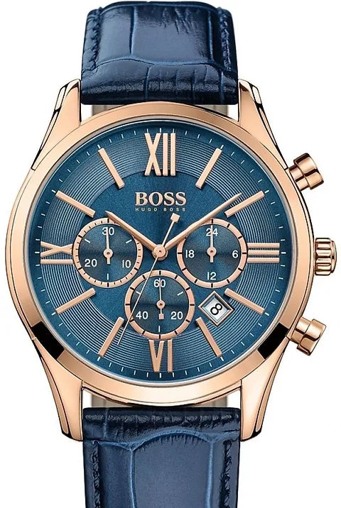 Hugo Boss Ambassador Chronograph Blue Dial Blue Leather Strap Watch For Men - HB1513320