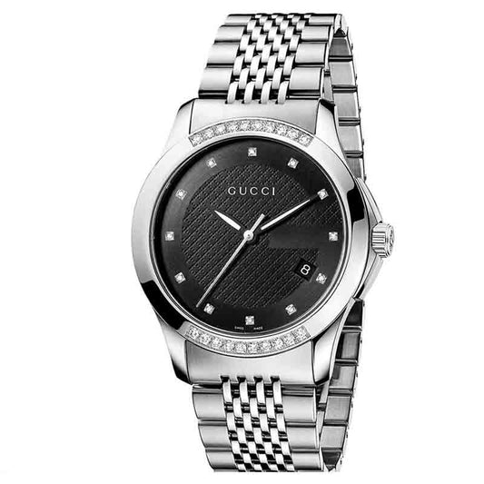 Gucci G Timeless Diamond Black Dial Silver Steel Strap Watch For Women - YA126408