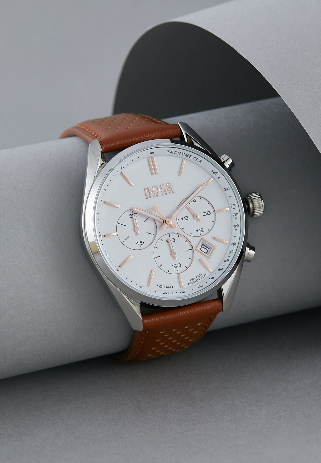 Hugo Boss Grand Prix White Dial Brown Leather Strap Watch for Men - 1513475