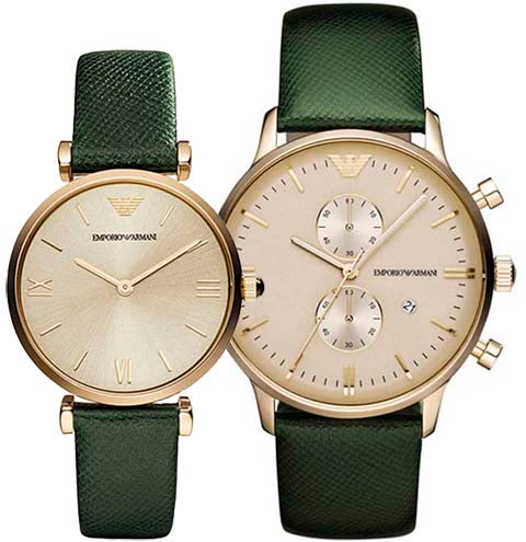 Emporio Armani Retro Gold Dial Green Leather Strap Watch For Women - AR1726
