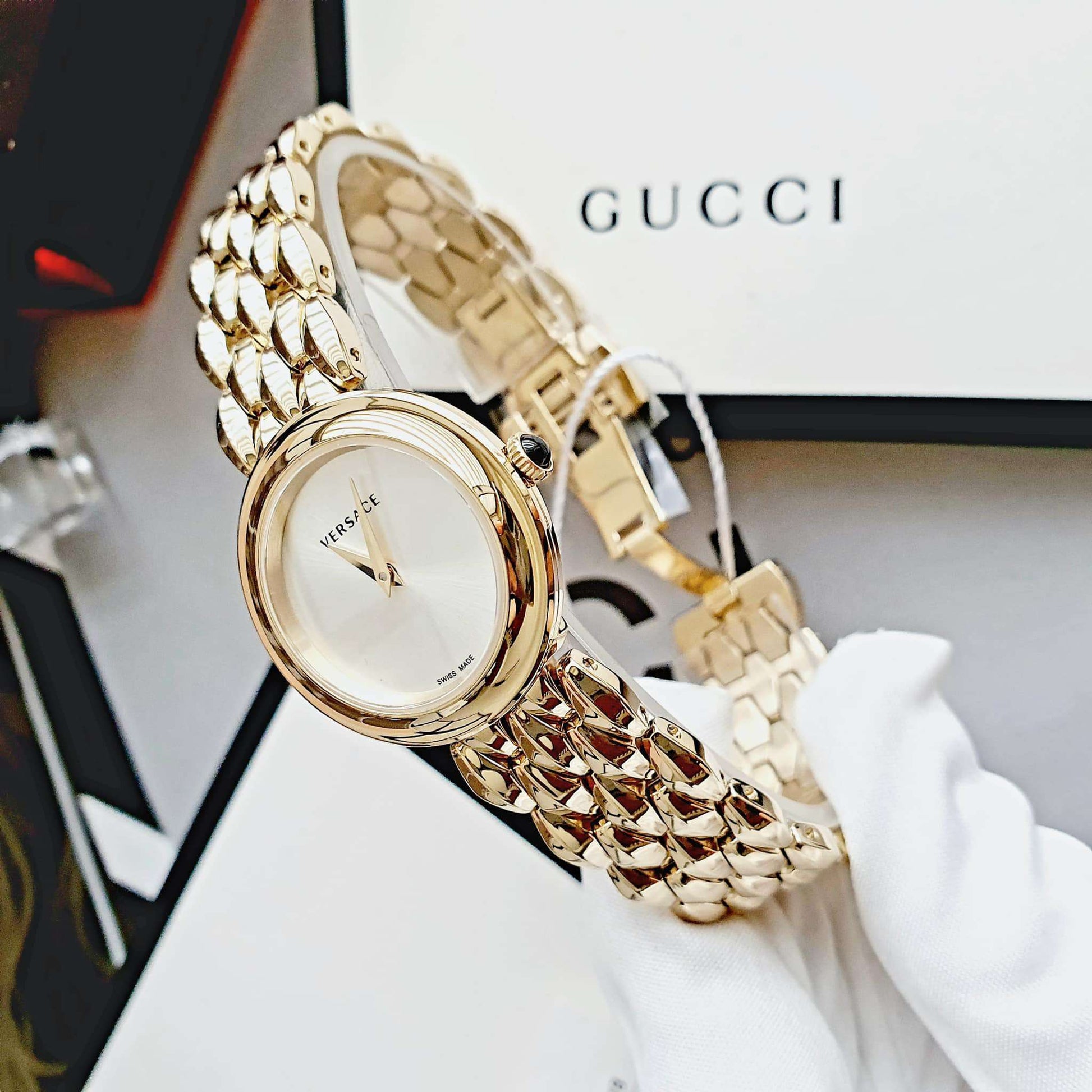 Versace V-Flare Quartz Silver Dial Gold Steel Strap Watch for Women - VEBN00818