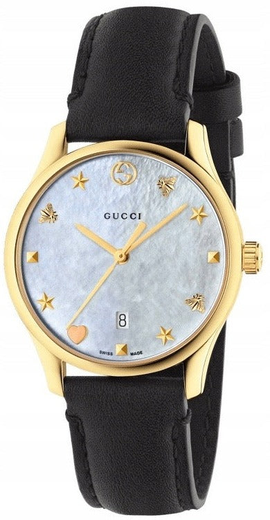 Gucci G-Timeless Mother of Pearl Dial Black Leather Strap Watch For Women - YA1264044