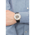 Fossil Grant Skeleton White Dial Black Leather Strap Watch for Men -  ME3053